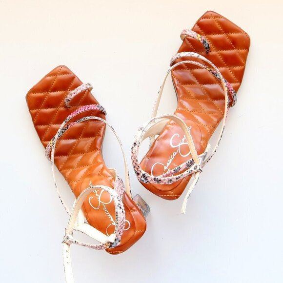 Jessica Simpson Snakeskin Toe Loop Square Toe Ankle Strap Block Heel Sandals - Picture 16 of 16